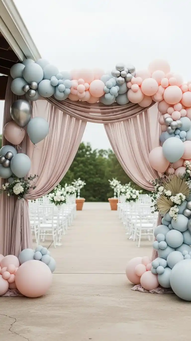 25 Elegant Wedding Balloon Arrangements That Look Expensive 15 Archway with Draped Fabric and Balloons
