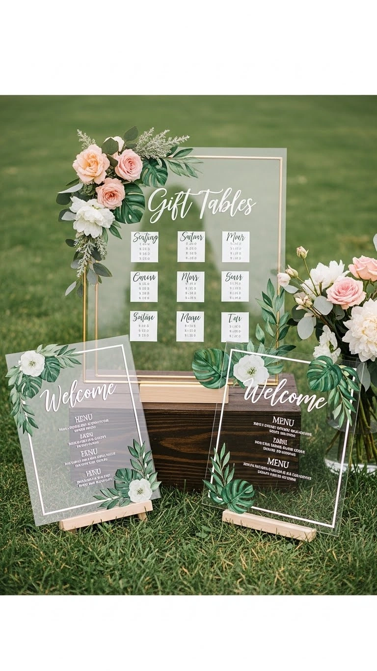 25 Wedding Sign Ideas That Add Charm to Your Big Day 17 Botanical Acrylic Signs for Garden Weddings
