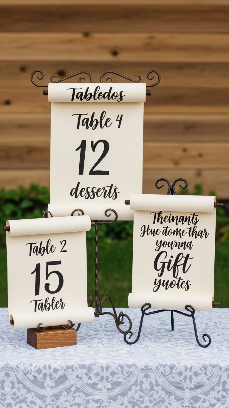 25 Wedding Sign Ideas That Add Charm to Your Big Day 28 Handwritten Paper Scroll Table Signs