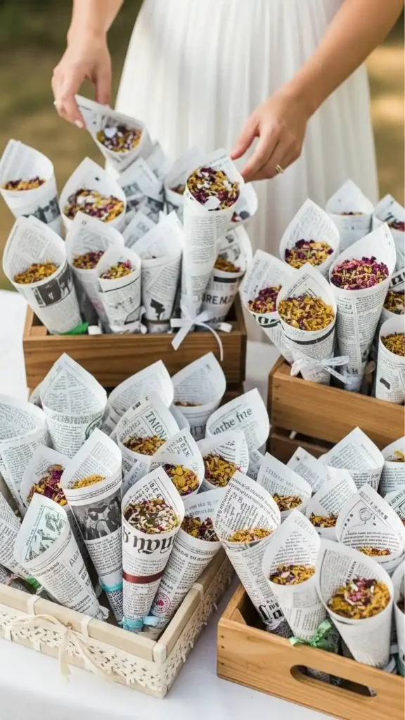 26 DIY Wedding Decorations on a Budget That Look Expensive 14 11. Handmade Confetti Cones Using Recycled Paper