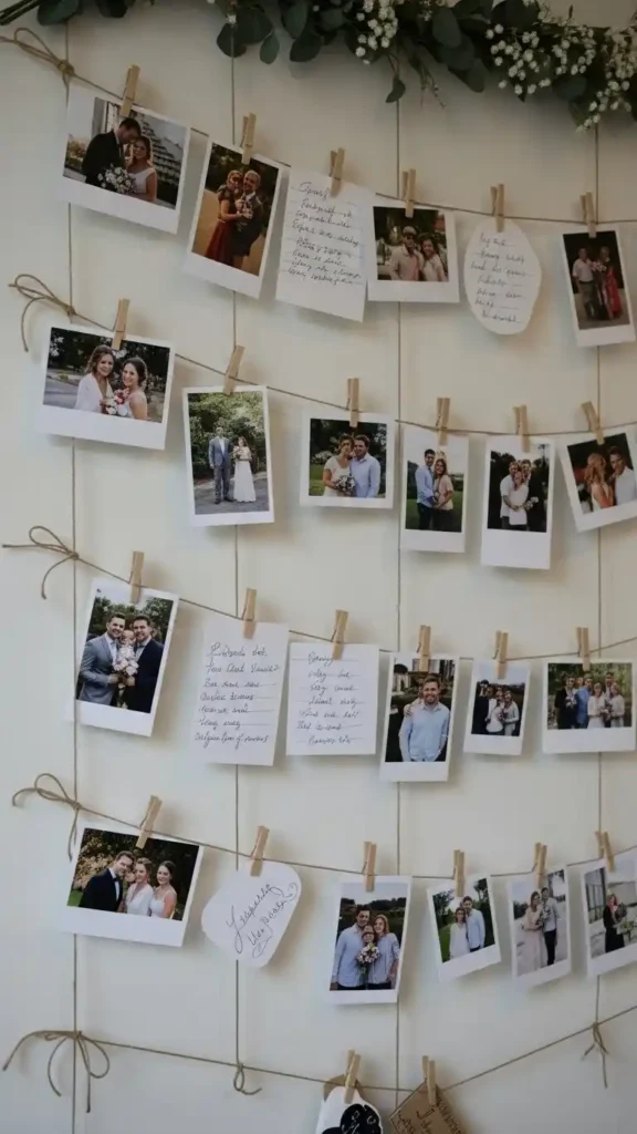 26 DIY Wedding Decorations on a Budget That Look Expensive 15 12. DIY Photo Display Wall Using String