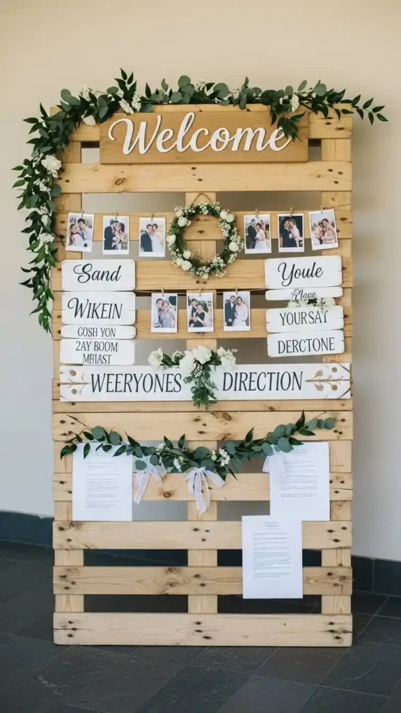 26 DIY Wedding Decorations on a Budget That Look Expensive 20 17. Wooden Pallet Displays for Welcome