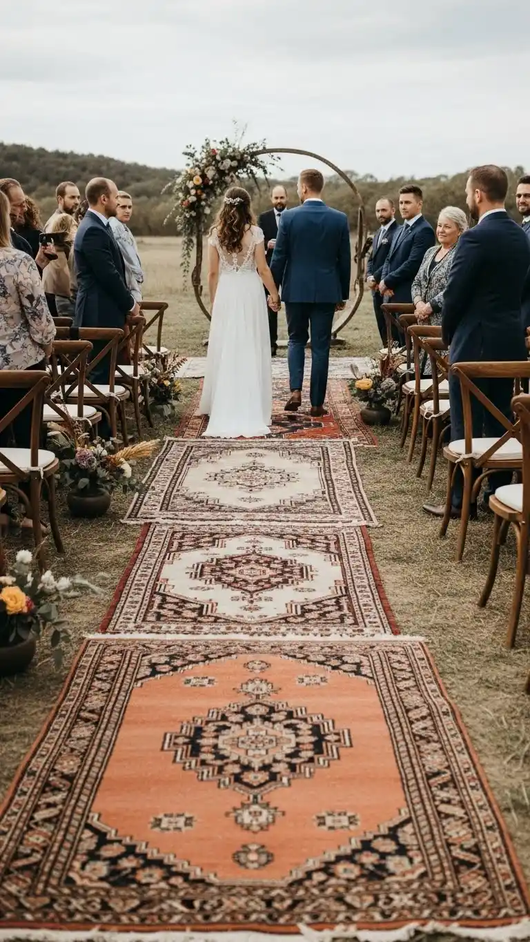 19 DIY Boho Wedding Decor Ideas to Transform Your Venue 6 2. Vintage Rug Aisle Runners