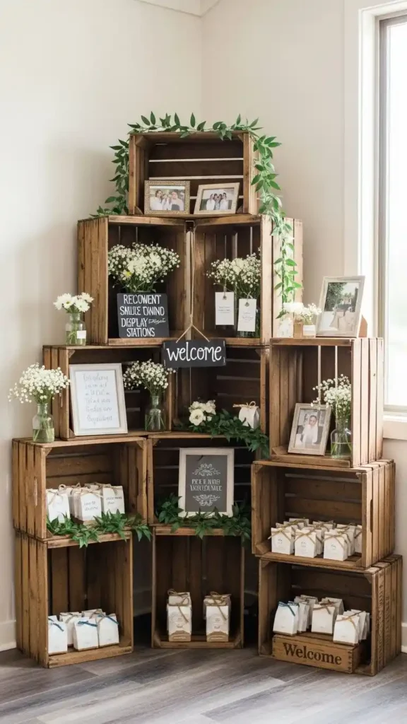 26 DIY Wedding Decorations on a Budget That Look Expensive 9 6. Repurposed Wooden Crates for Charming Display Stations