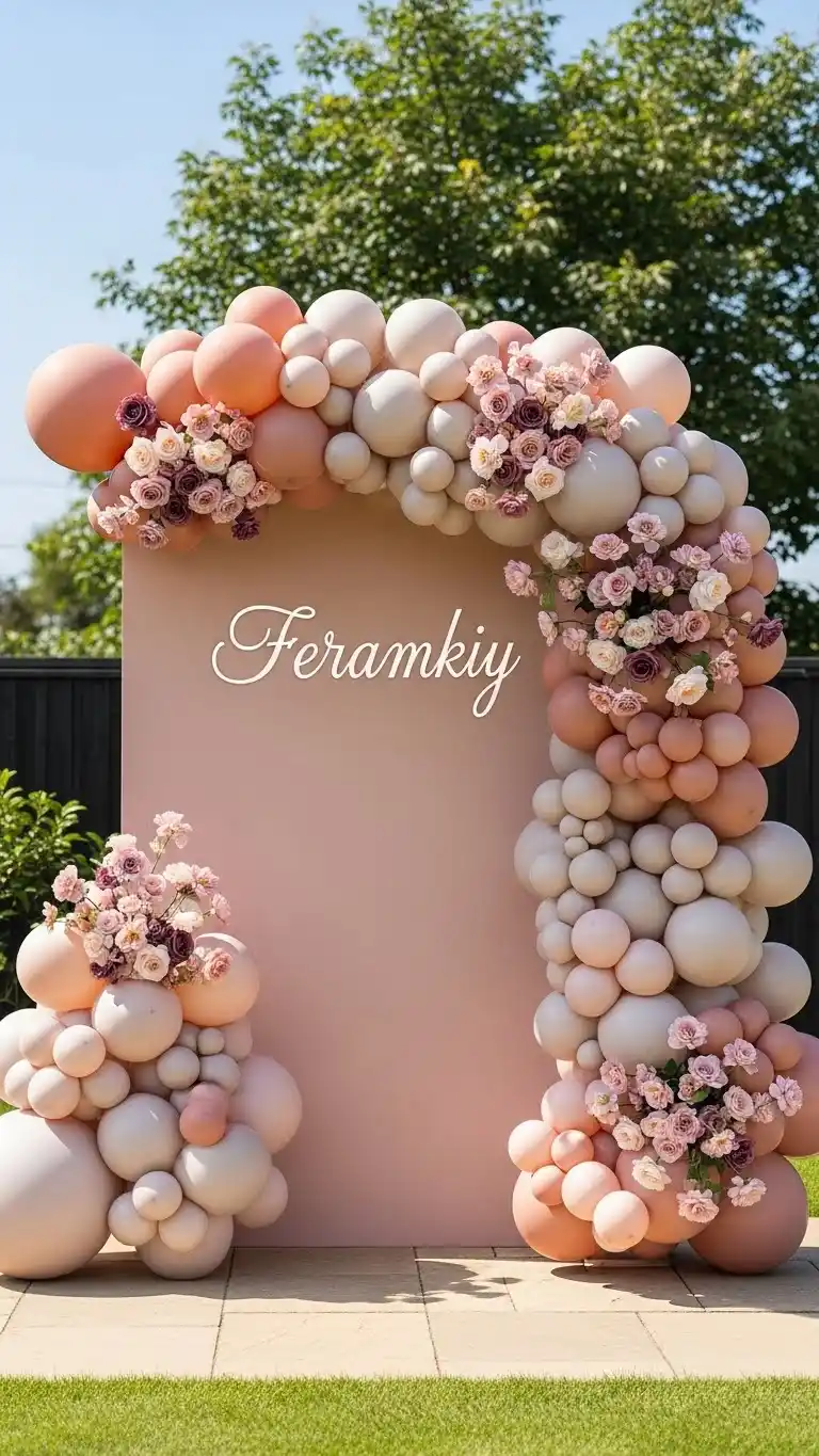 23 Engagement Party Backdrop Ideas That Will Wow Your Guests 23 Balloon Arch with Flower Accents