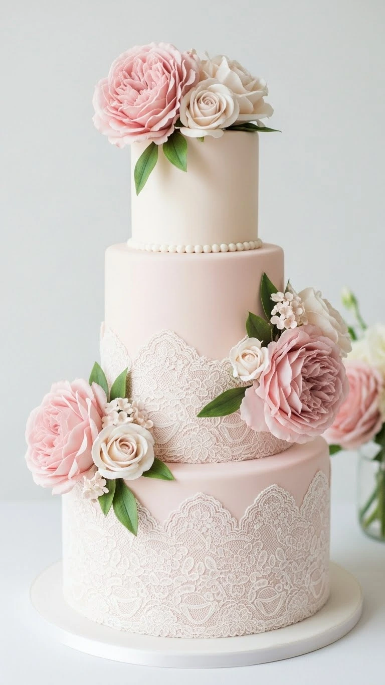 Floral and Lace Wedding Cake Designs: 21 Elegant Ideas 6 Blush Floral Lace Wedding Cake with Soft