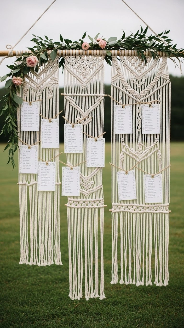21 Unique Wedding Seating Chart Ideas That Wow Guests 18 Boho Macramé Hanging Chart