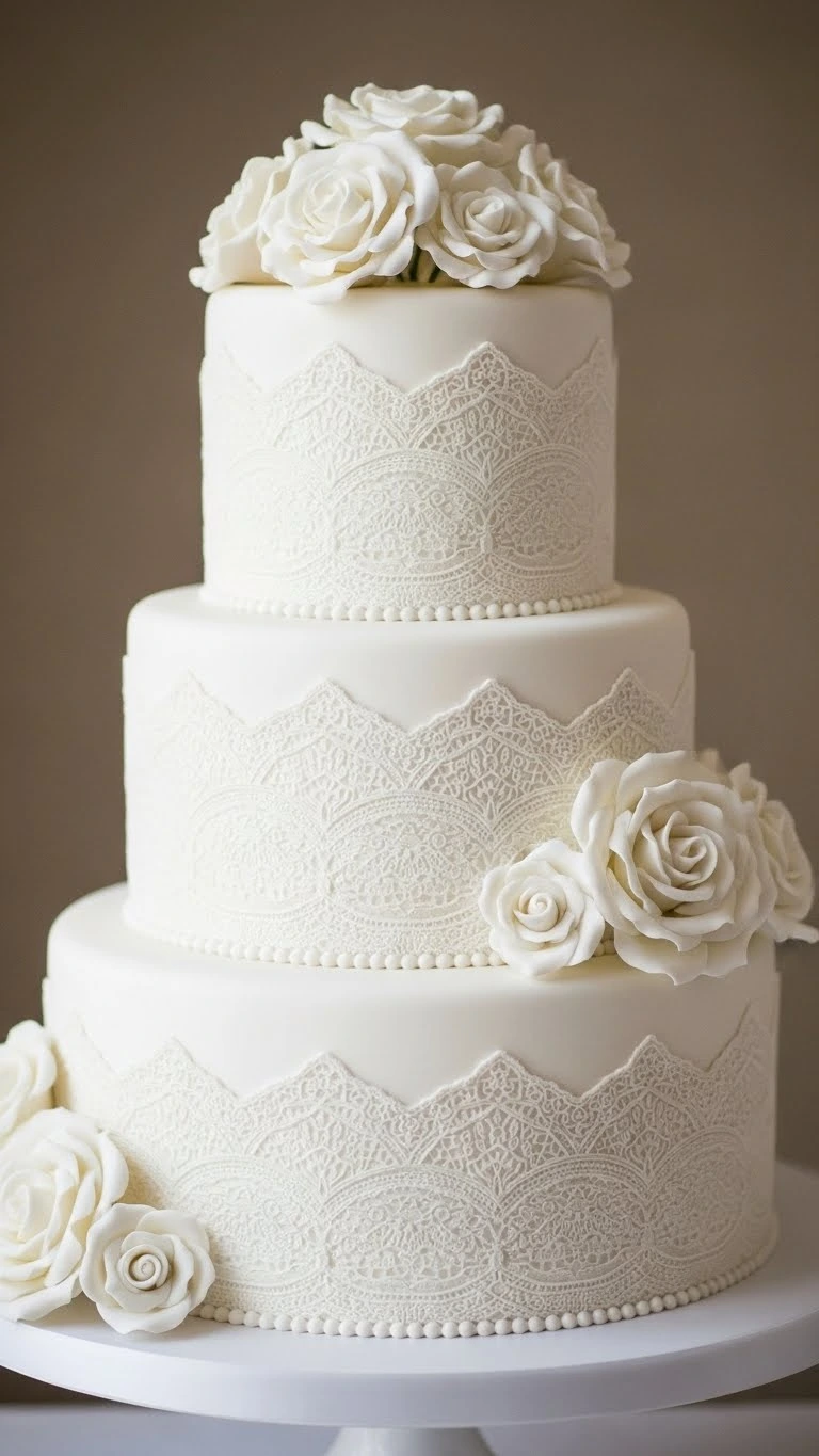 Floral and Lace Wedding Cake Designs: 21 Elegant Ideas 5 Classic White Lace with Sugar Roses