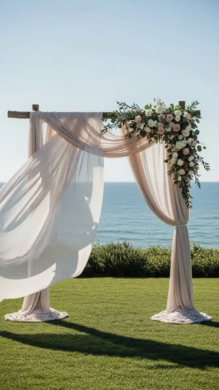 25 Outdoor Wedding Altars Ideas for a Dreamy Ceremony 9 Draped Fabric Outdoor Altar