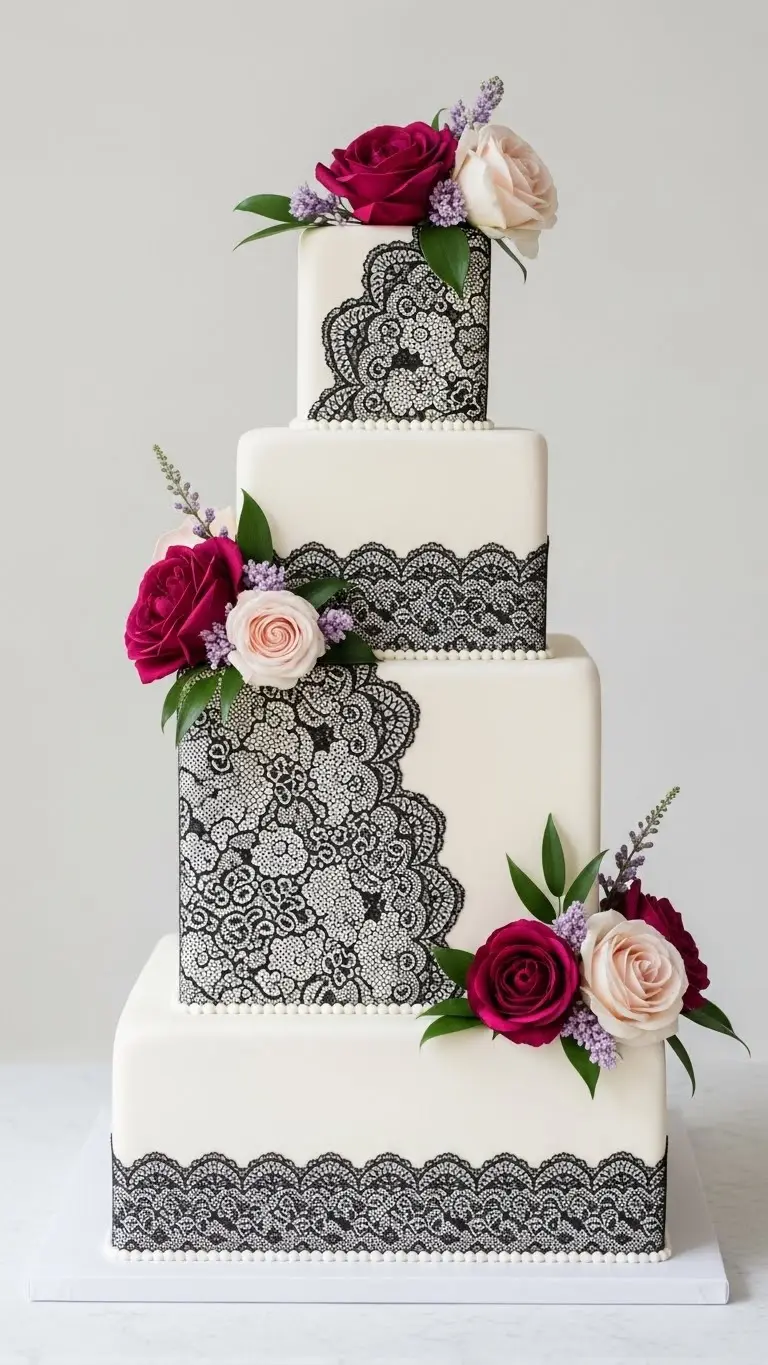 Floral and Lace Wedding Cake Designs: 21 Elegant Ideas 20 Elegant Square Tier Floral and Lace Cake