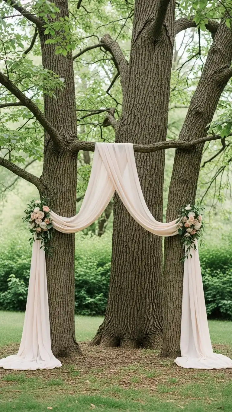 25 Outdoor Wedding Altars Ideas for a Dreamy Ceremony 26 Fabric Wrapped Tree Altar Concept