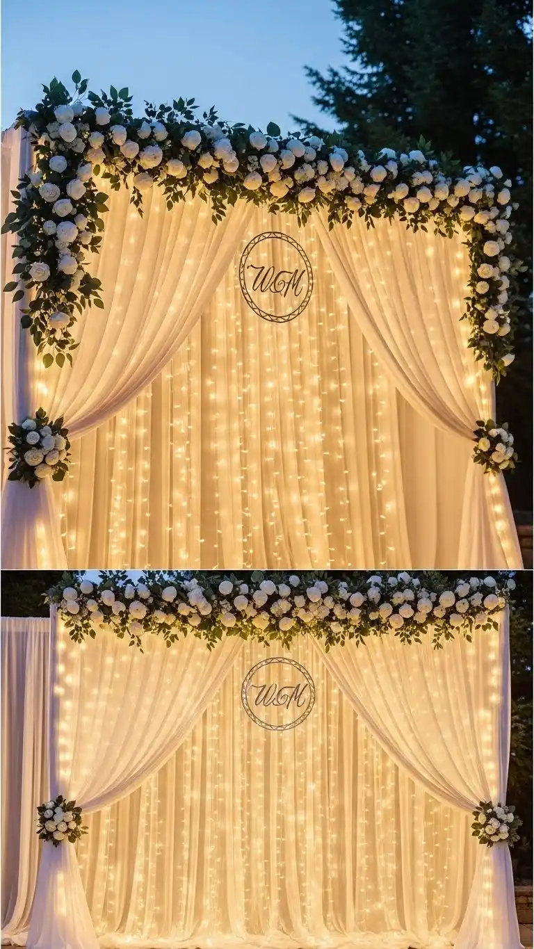 23 Engagement Party Backdrop Ideas That Will Wow Your Guests 16 Fairy Lights and Sheer Drapes