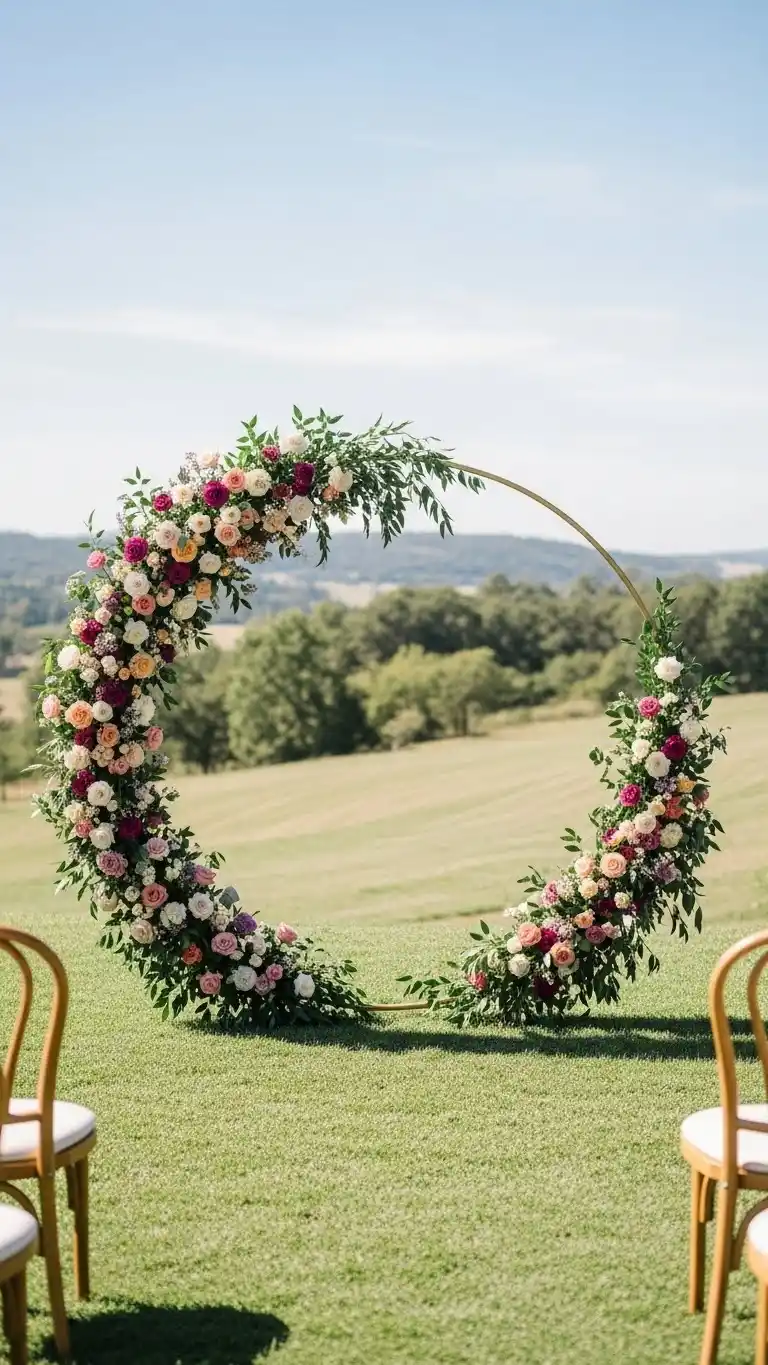25 Outdoor Wedding Altars Ideas for a Dreamy Ceremony 21 Floral Hoop Altar with Seasonal Blooms