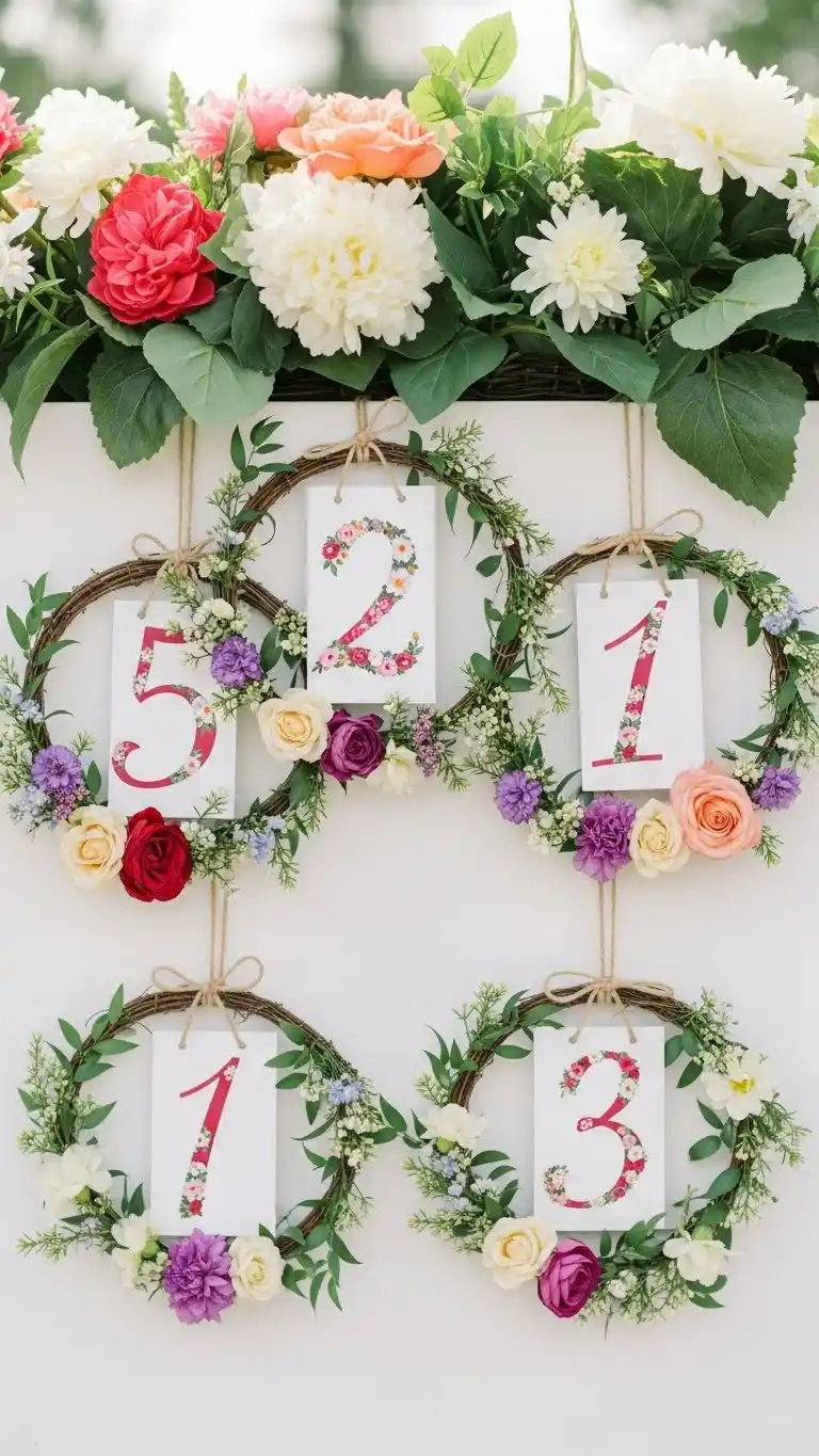 21 DIY Wedding Table Numbers to Elevate Your Reception Decor 9 Floral Wreath Table Numbers
