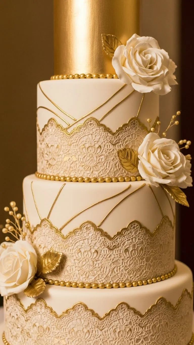Floral and Lace Wedding Cake Designs: 21 Elegant Ideas 10 Gold Accented Floral and Lace Wedding Cake