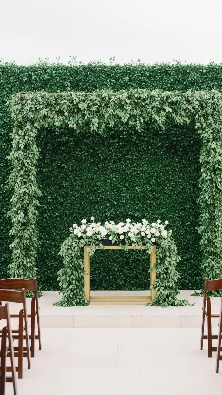 25 Outdoor Wedding Altars Ideas for a Dreamy Ceremony 22 Green Wall Ceremony Backdrop