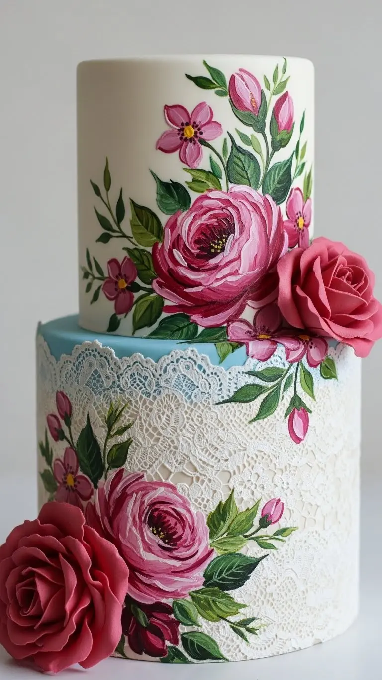Floral and Lace Wedding Cake Designs: 21 Elegant Ideas 21 Hand-Painted Floral Lace Wedding Cake