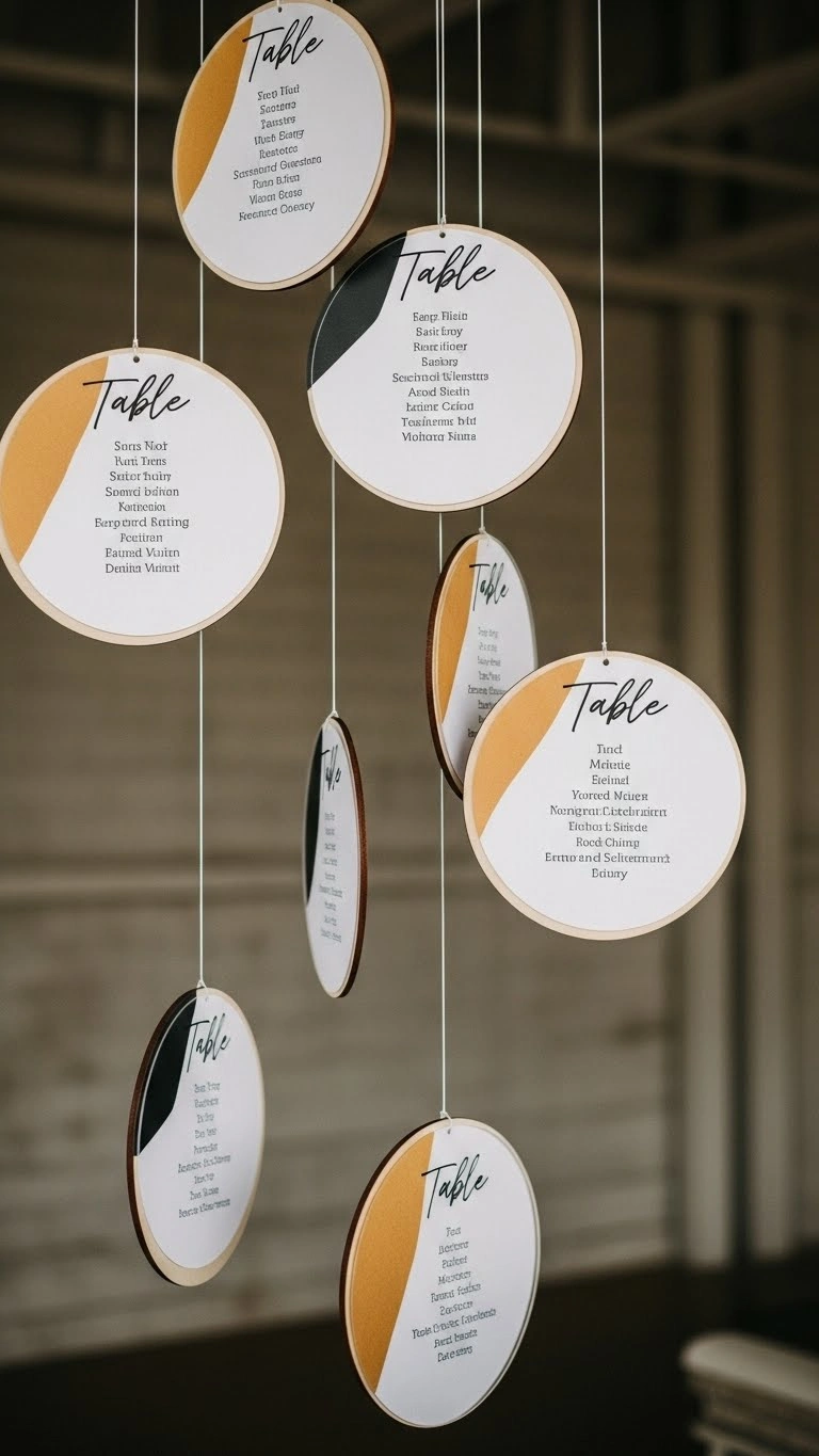 21 Unique Wedding Seating Chart Ideas That Wow Guests 22 Hanging Circular Discs