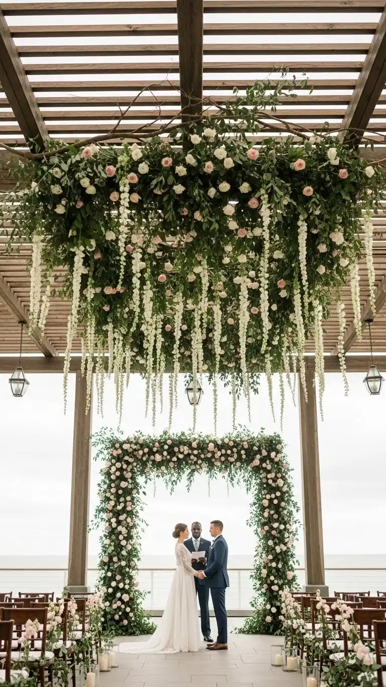 25 Outdoor Wedding Altars Ideas for a Dreamy Ceremony 16 Hanging Floral Installation Altar