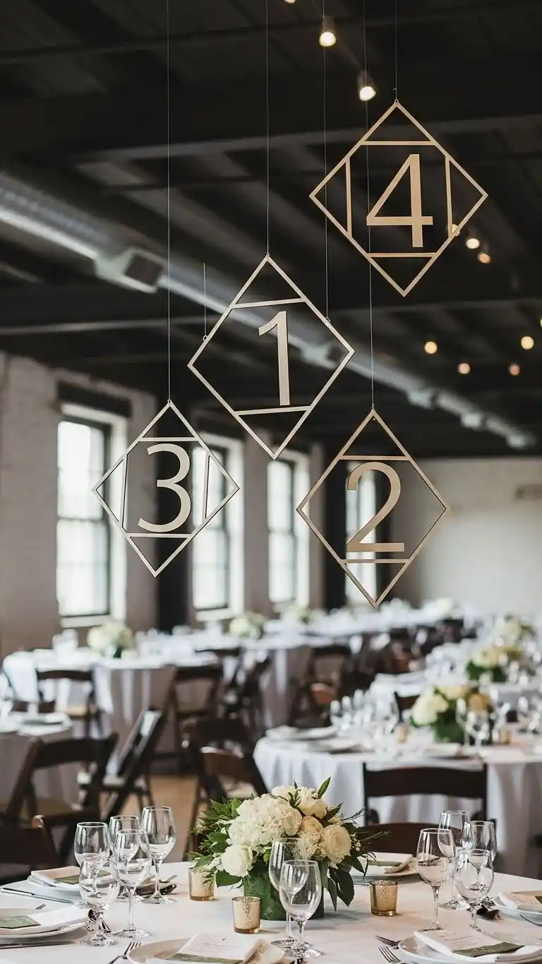 21 DIY Wedding Table Numbers to Elevate Your Reception Decor 12 Hanging Geometric Numbers