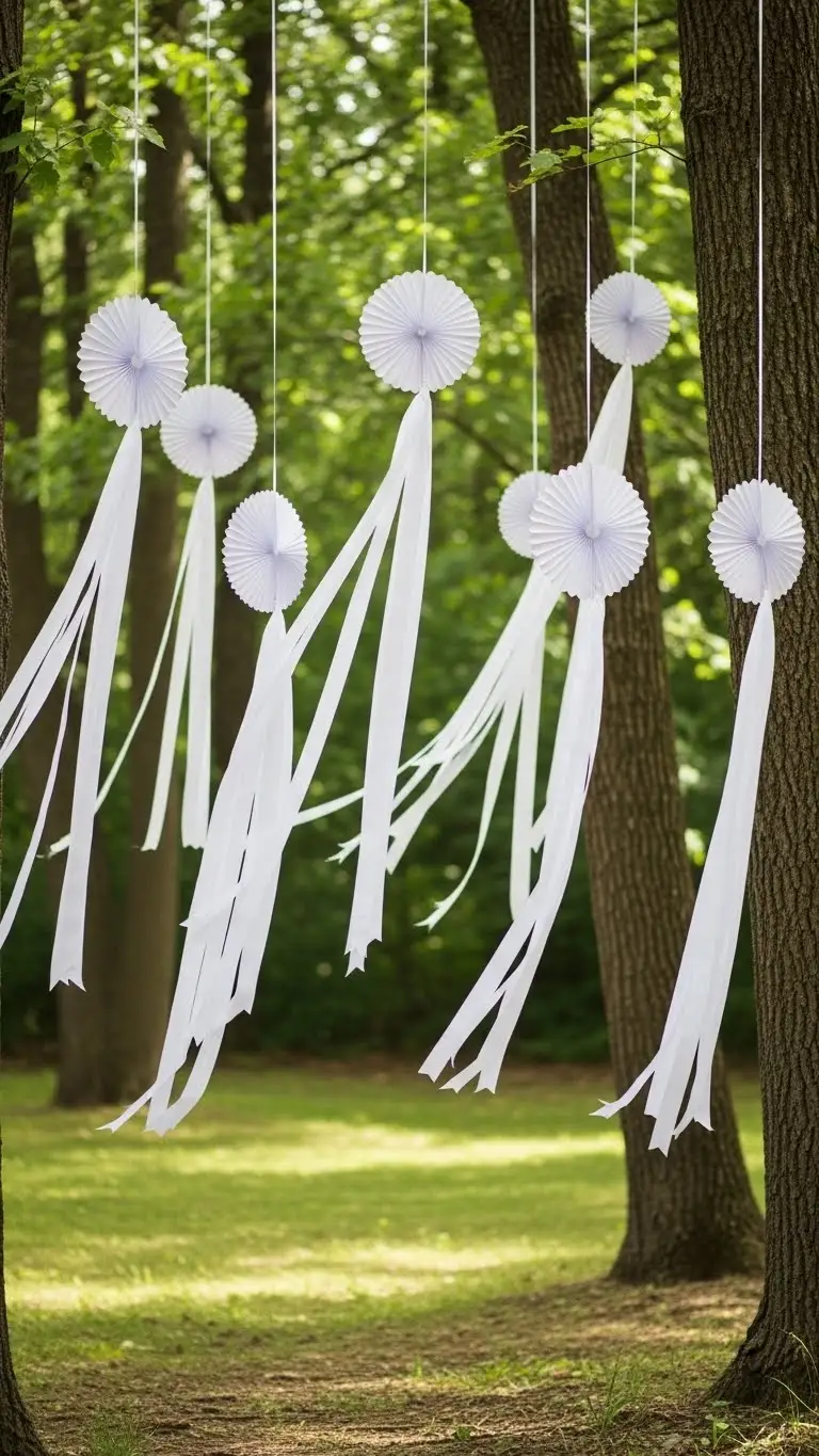 21 Outdoor Wedding Decoration Ideas 21 Hanging Paper or Fabric Decorations from Trees