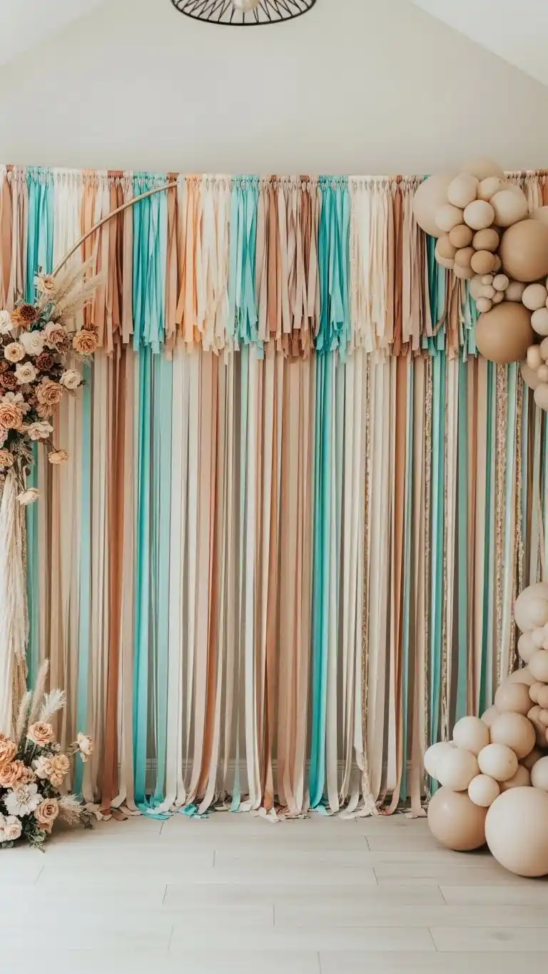 23 Engagement Party Backdrop Ideas That Will Wow Your Guests 19 Hanging Ribbon or Streamer Backdrop