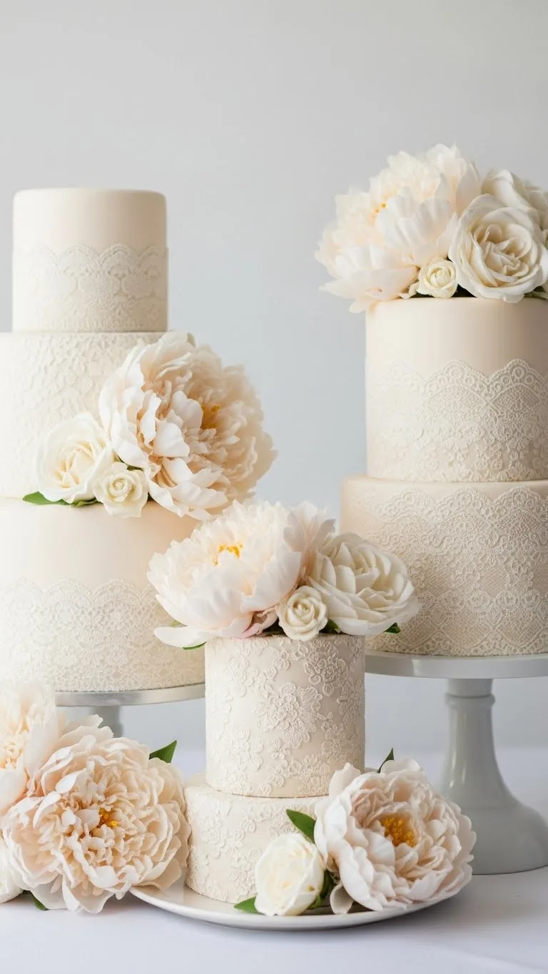 Floral and Lace Wedding Cake Designs: 21 Elegant Ideas 11 Ivory Lace Cake with Peony Inspired Florals