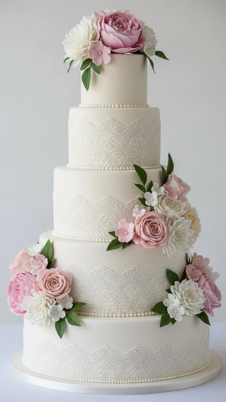 Floral and Lace Wedding Cake Designs: 21 Elegant Ideas 18 Lace Panel Wedding Cake with Floral Clusters