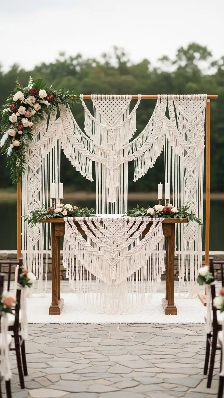 25 Outdoor Wedding Altars Ideas for a Dreamy Ceremony 11 Macramé Boho-Inspired Altar