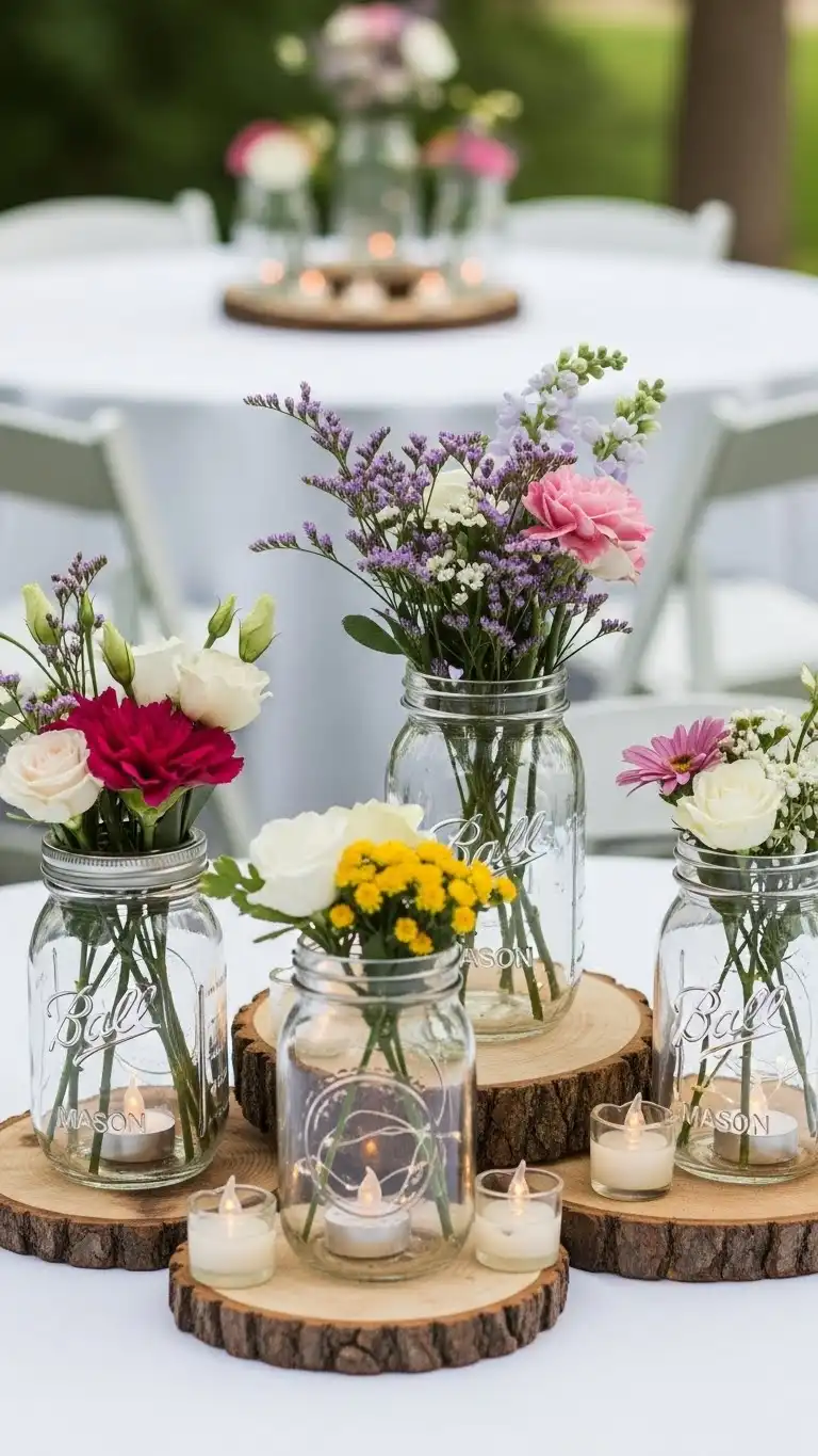 DIY Wedding Decorations Outdoor: 15 Cozy Ideas 5 Mason Jar Centerpieces with Seasonal Flowers