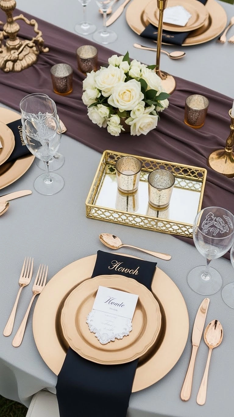 23 Elegant Engagement Party Table Decor Ideas for Every Theme 7 Metallic Accents