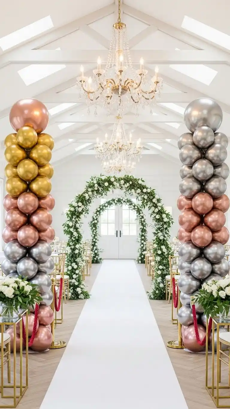 25 Elegant Wedding Balloon Arrangements That Look Expensive 21 Metallic Balloon Columns