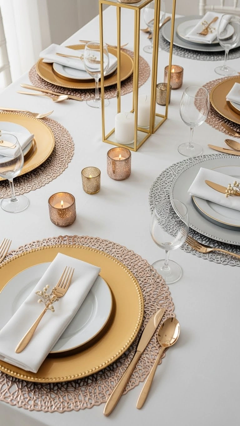 23 Elegant Engagement Party Table Decor Ideas for Every Theme 21 Metallic Chargers or Placemats