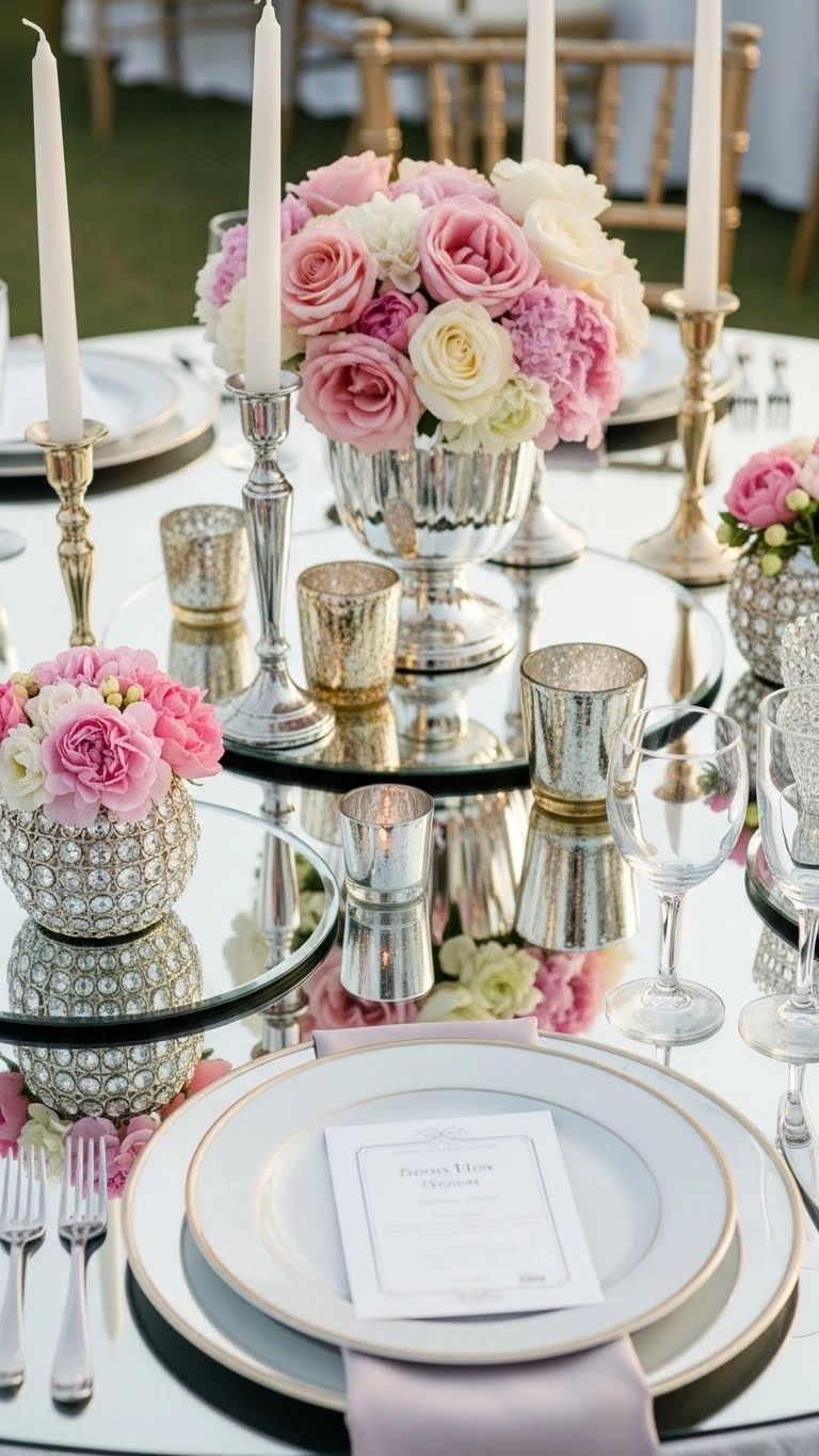 23 Elegant Engagement Party Table Decor Ideas for Every Theme 16 Mirror and Reflective Surfaces