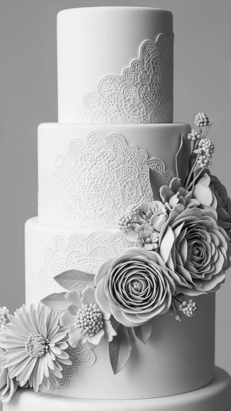 Floral and Lace Wedding Cake Designs: 21 Elegant Ideas 16 Modern Monochrome Floral and Lace Wedding Cake