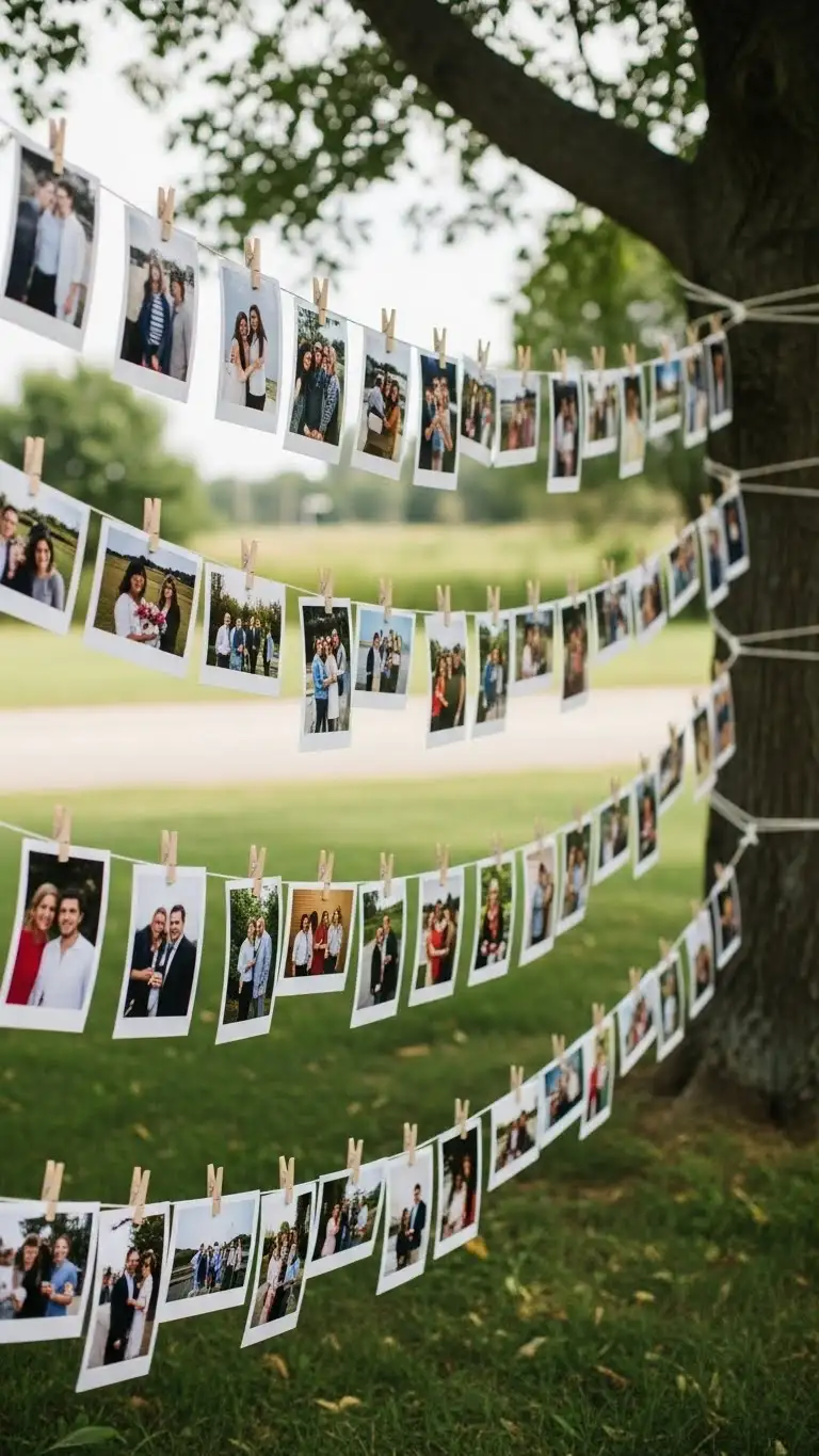 21 Outdoor Wedding Decoration Ideas 12 Outdoor Photo Display with String and Clips