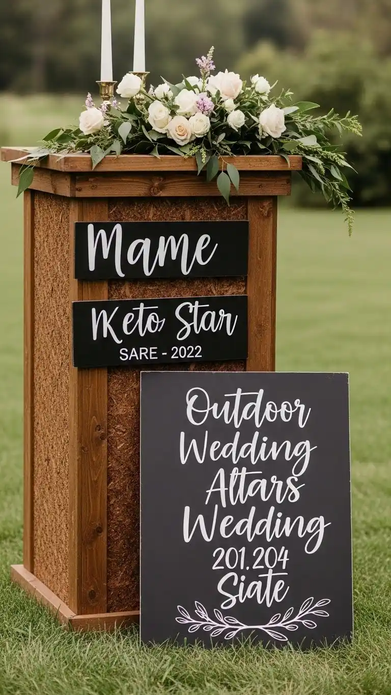 25 Outdoor Wedding Altars Ideas for a Dreamy Ceremony 28 Personalized Signage Altar Display
