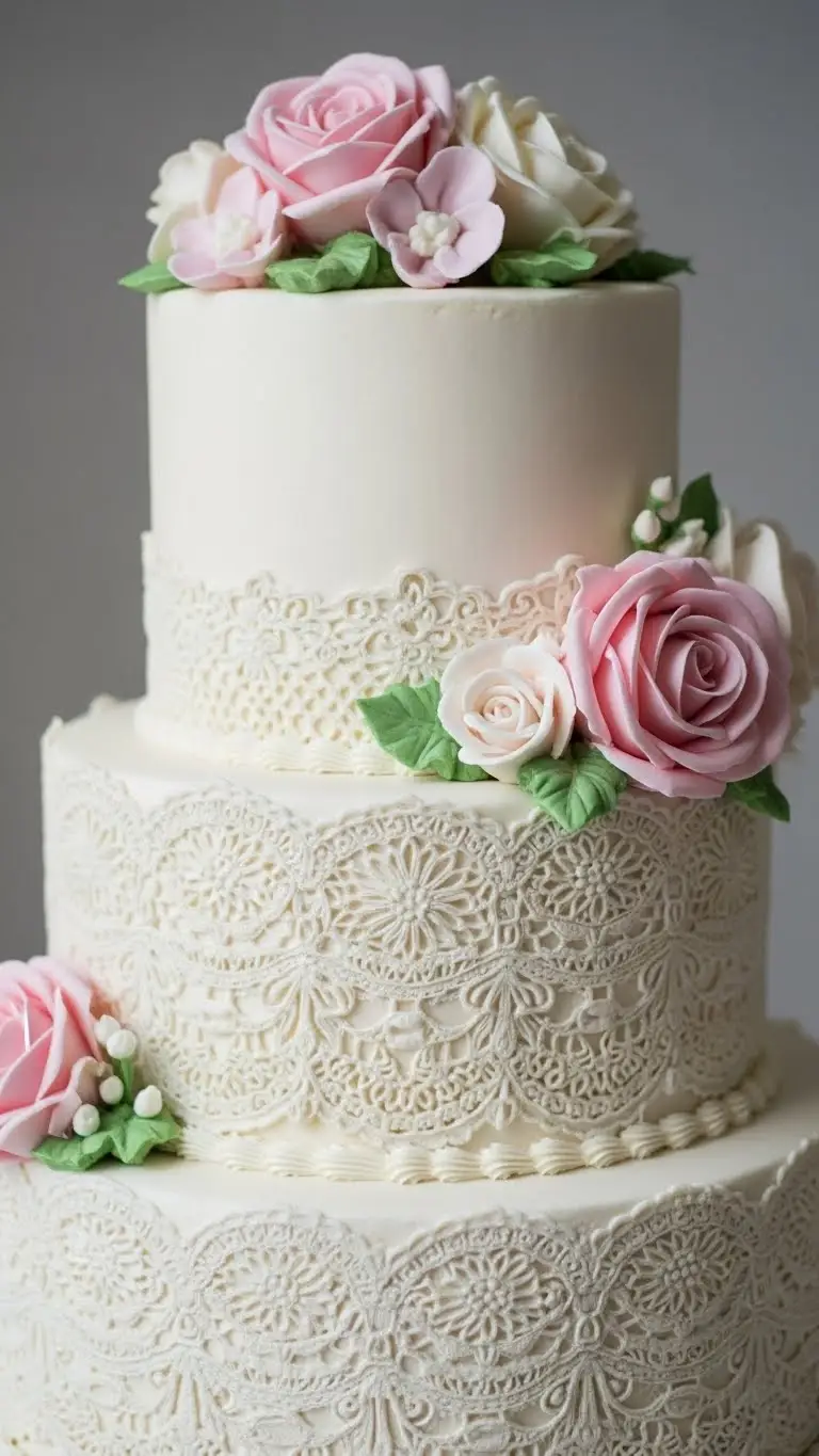 Floral and Lace Wedding Cake Designs: 21 Elegant Ideas 15 Romantic Floral Lace Cake with Vintage Piping