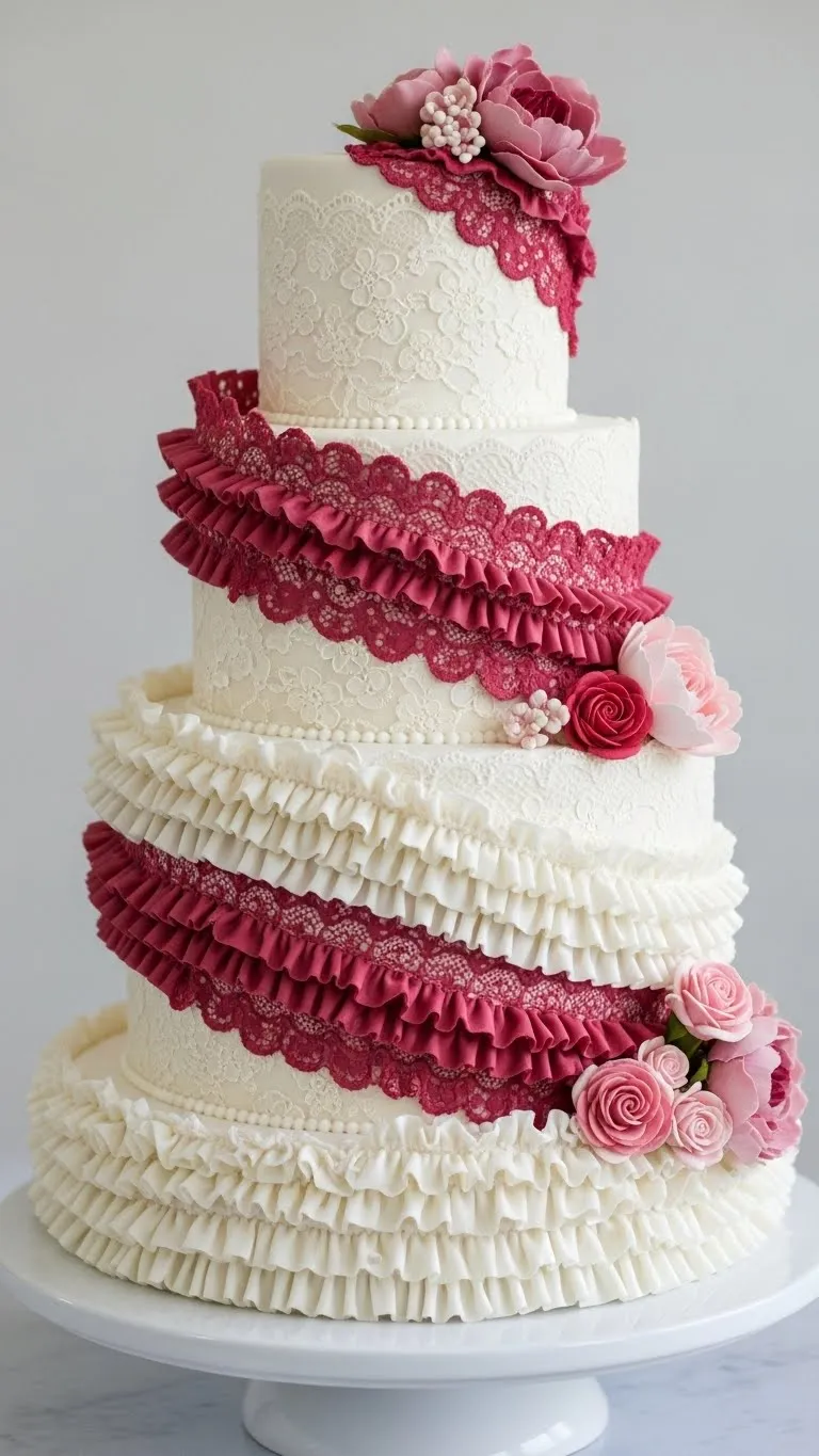 Floral and Lace Wedding Cake Designs: 21 Elegant Ideas 19 Romantic Ruffle Lace with Floral Details