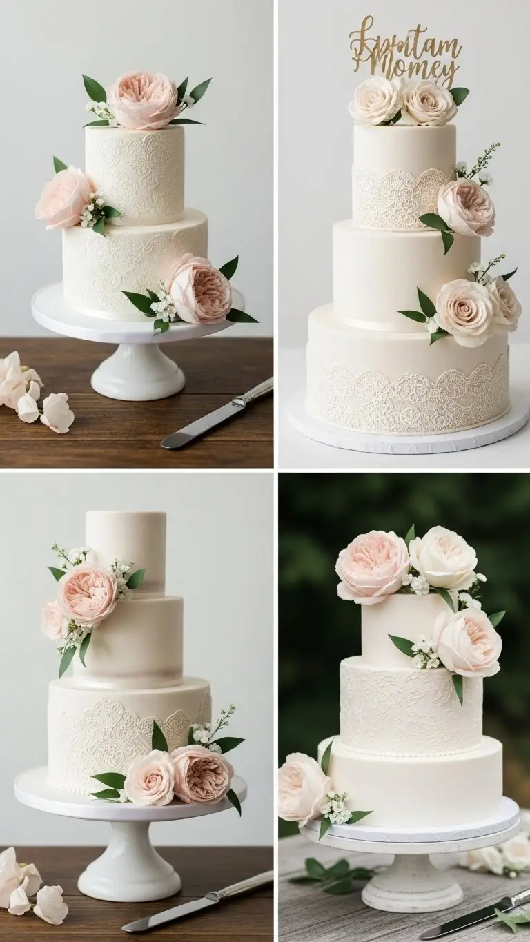 Floral and Lace Wedding Cake Designs: 21 Elegant Ideas 22 Romantic-Tone Lace Cake with Florals