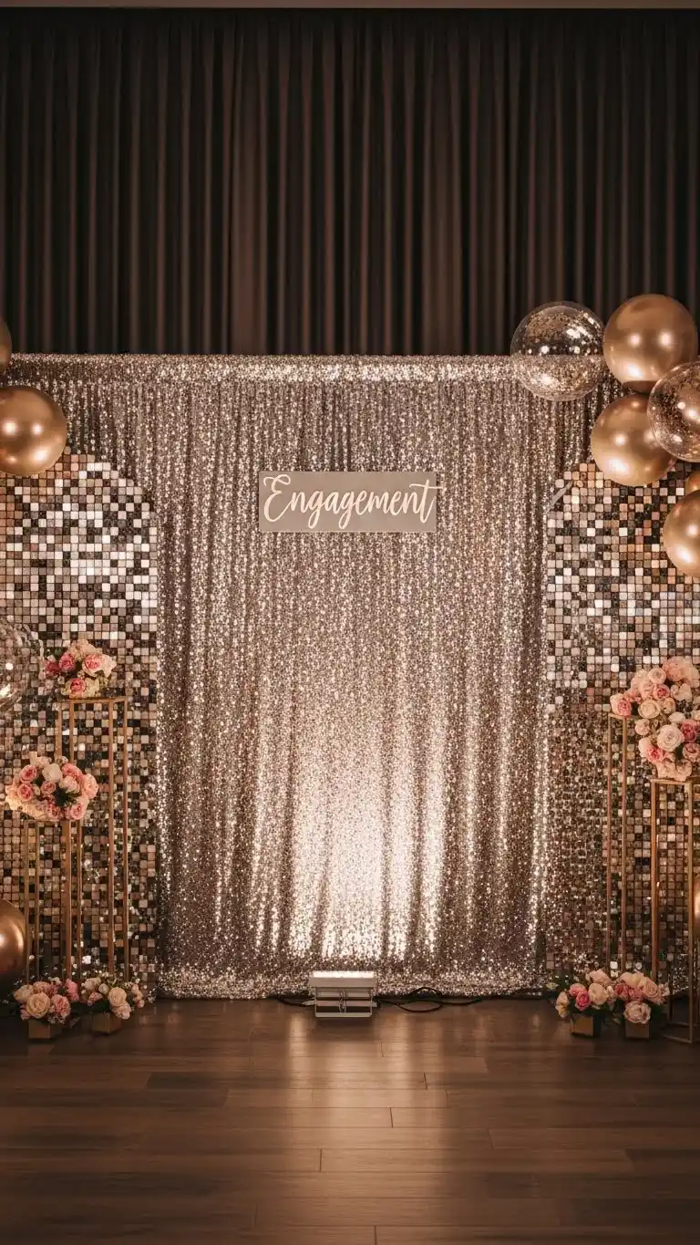 23 Engagement Party Backdrop Ideas That Will Wow Your Guests 11 Sequin or Glitter Backdrop