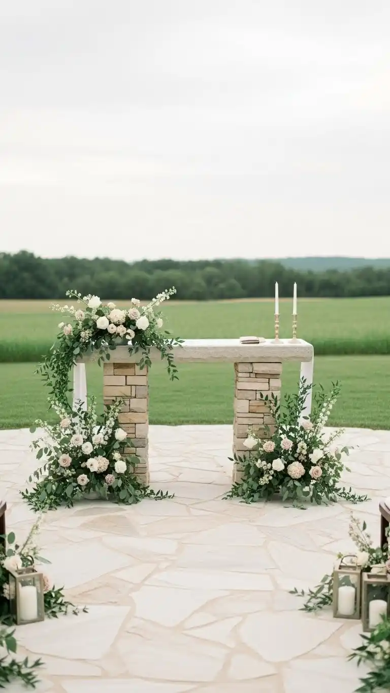 25 Outdoor Wedding Altars Ideas for a Dreamy Ceremony 12 Stone and Earth-Toned Altar Arrangement