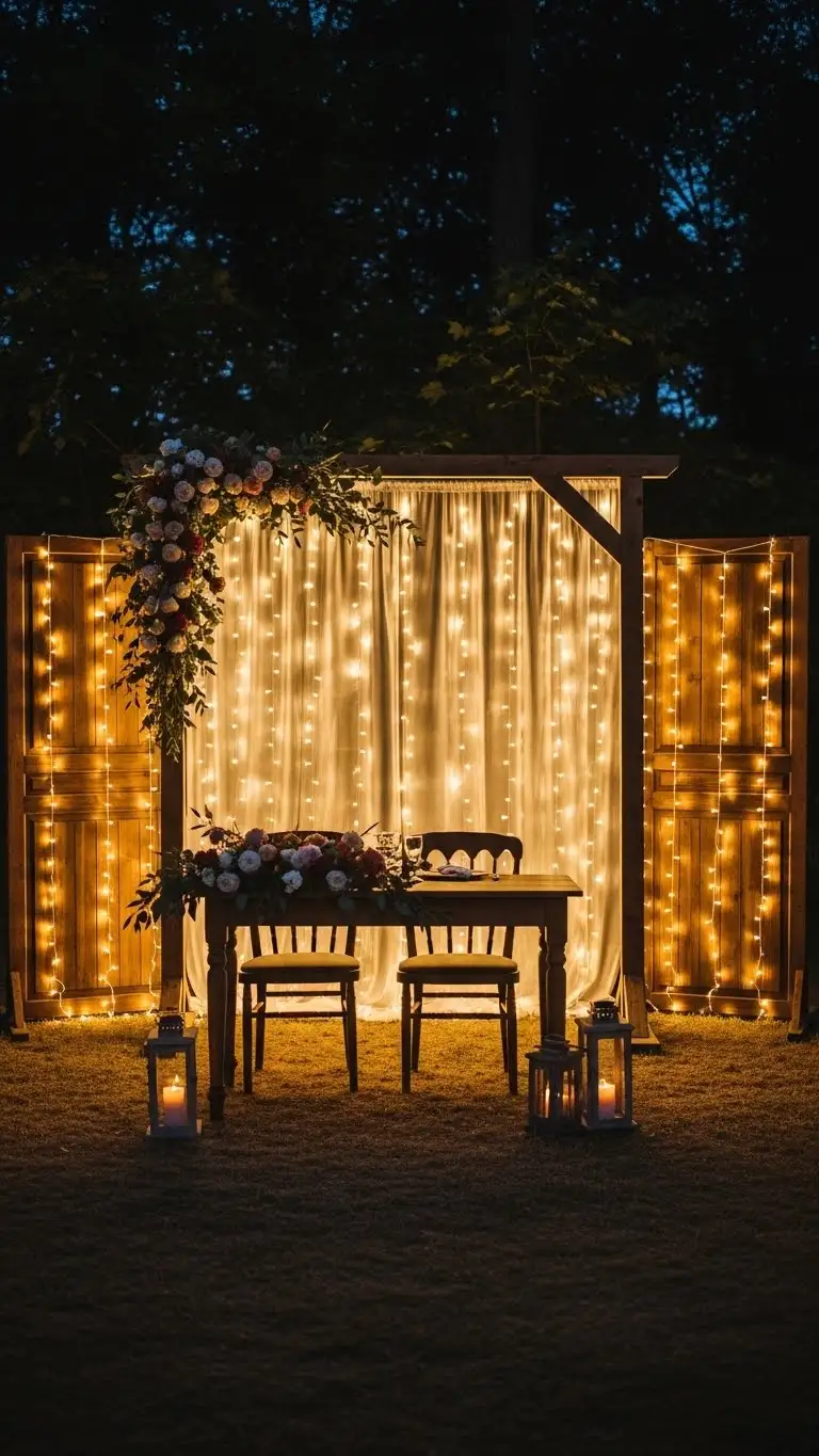 Rustic DIY Wedding Decorations Ideas – 21 Beautiful Designs 13 String Light Backdrop With Wooden Accents