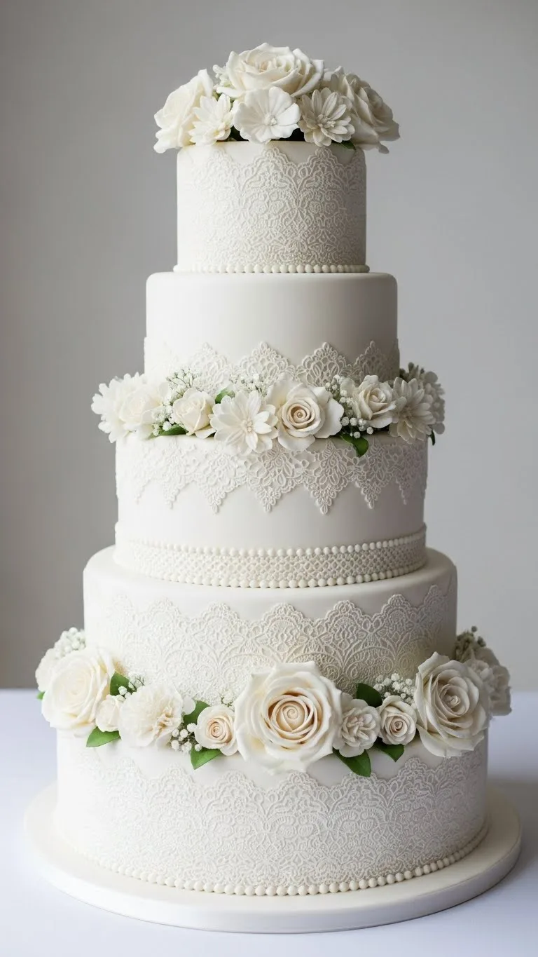 Floral and Lace Wedding Cake Designs: 21 Elegant Ideas 12 Tiered Lace Wedding Cake with Floral Borders