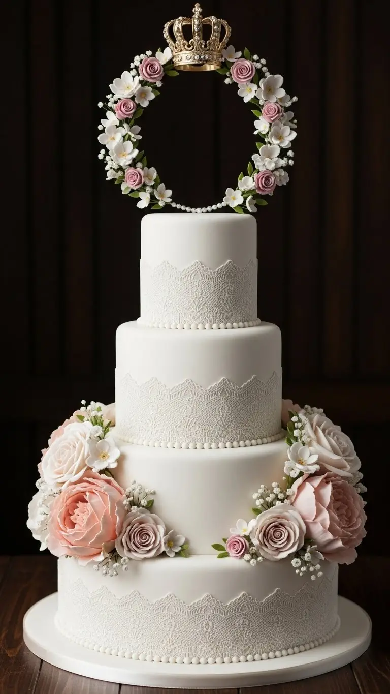 Floral and Lace Wedding Cake Designs: 21 Elegant Ideas 23 Traditional Lace Wedding Cake with Floral Crown