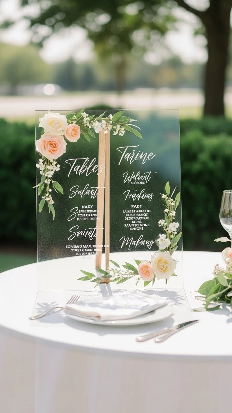 21 Unique Wedding Seating Chart Ideas That Wow Guests 23 Transparent Glass Board with Floral Accents