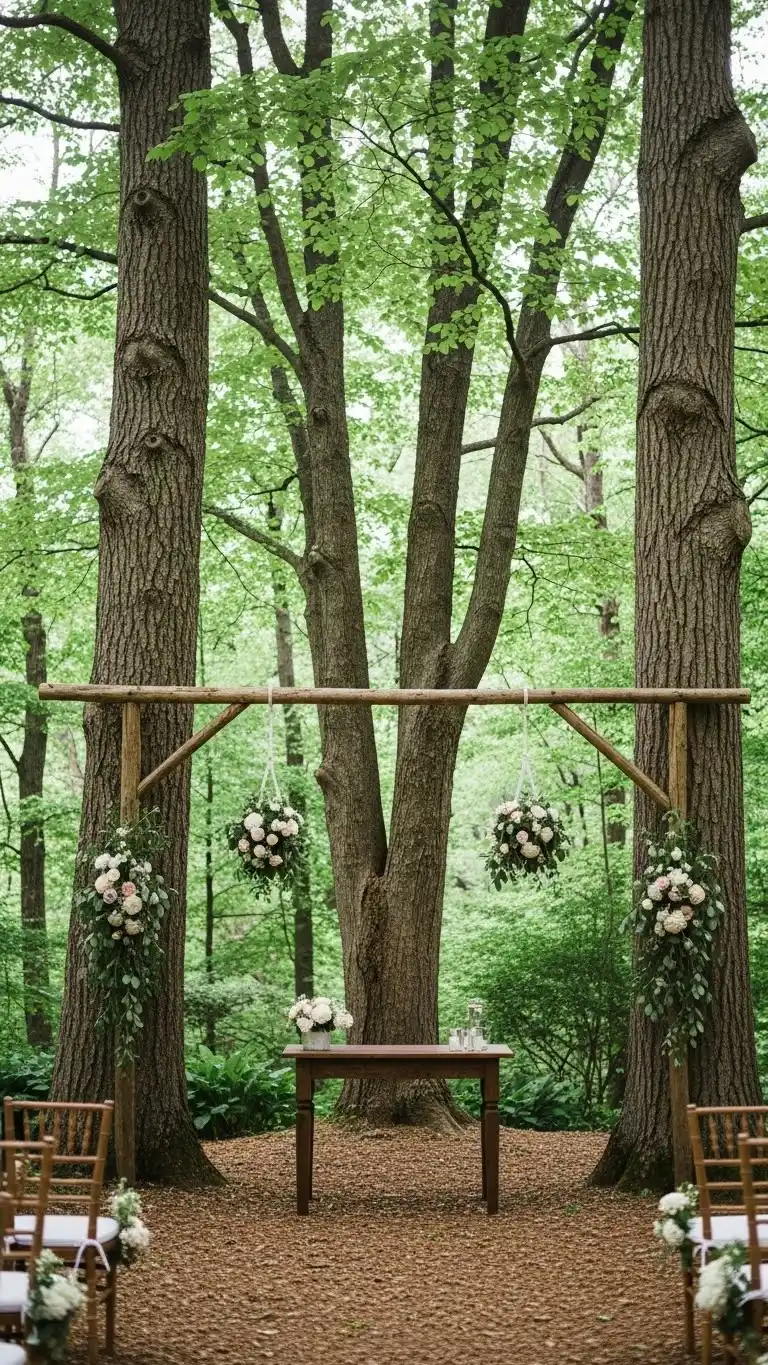 25 Outdoor Wedding Altars Ideas for a Dreamy Ceremony 10 Tree-Framed Natural Altar Setting