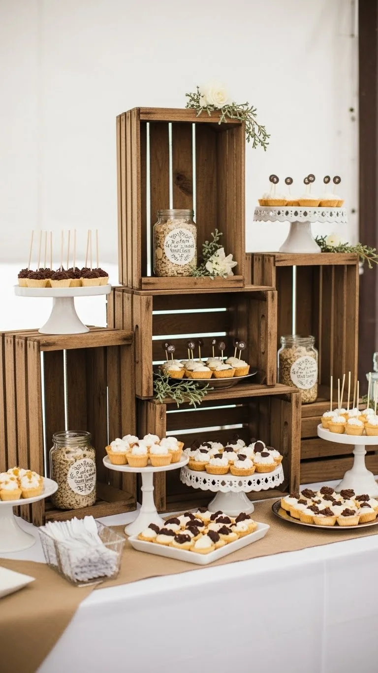 Rustic DIY Wedding Decorations Ideas – 21 Beautiful Designs 8 Wooden Crate Dessert Display