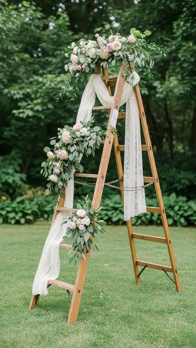 25 Outdoor Wedding Altars Ideas for a Dreamy Ceremony 23 Wooden Ladder Altar with Florals