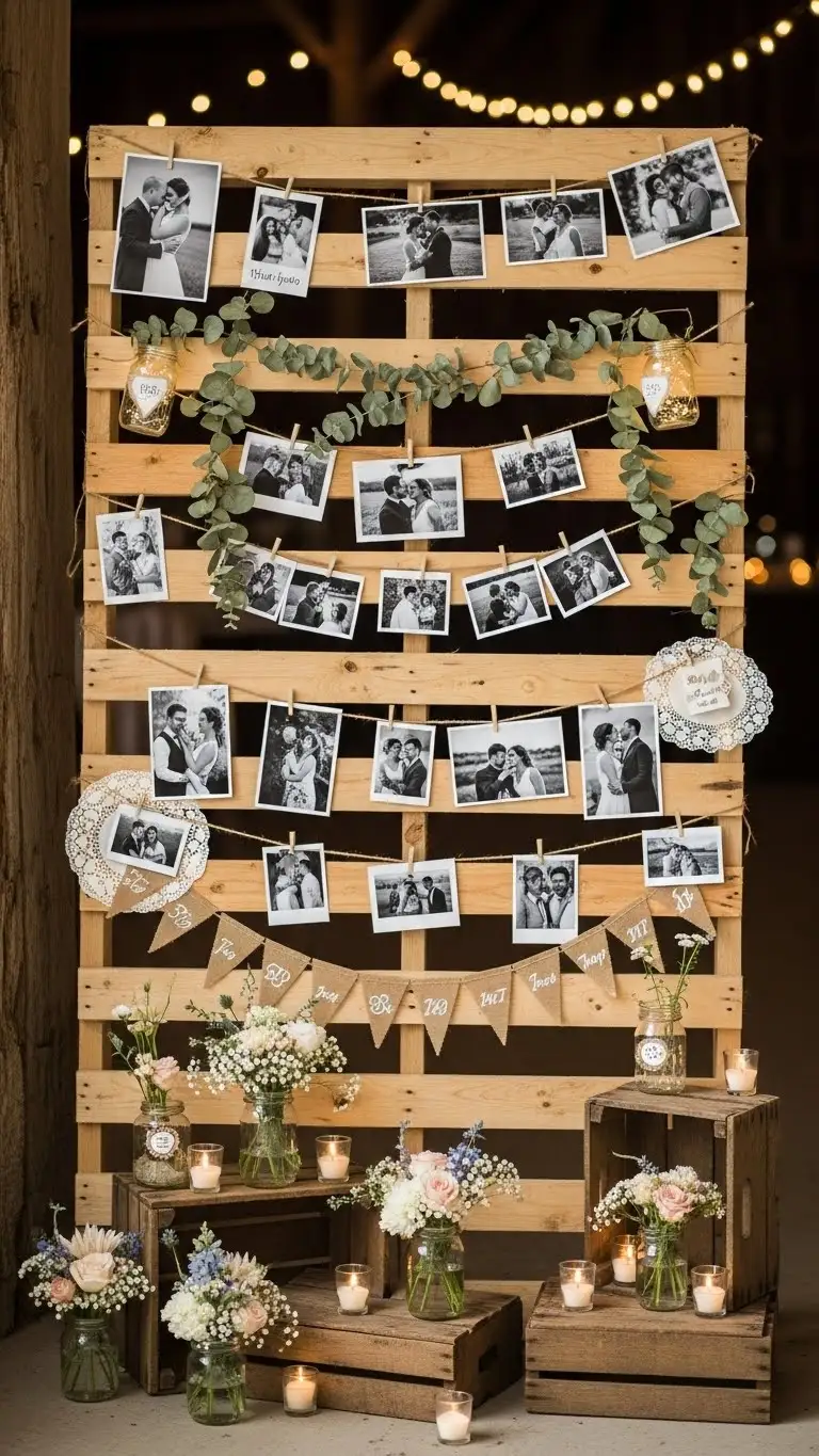 Rustic DIY Wedding Decorations Ideas – 21 Beautiful Designs 17 Wooden Pallet Photo Display